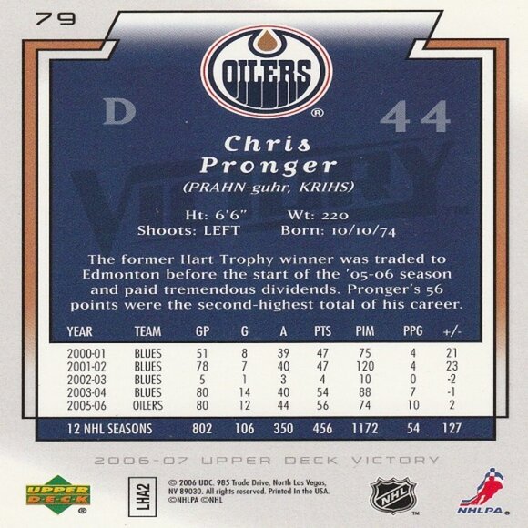 Chris Pronger - 2006-07 UD Victory Hockey Card - Picture 2 of 2
